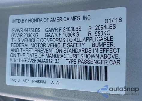 2018 Honda Accord Touring 2.0T из США, поврежденный, VIN 1HGCV2F94JA012133